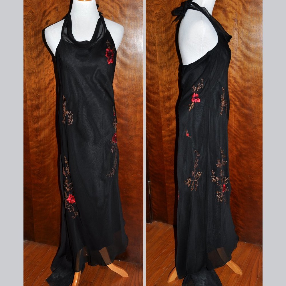 Chelsea Nites Black Silky Halter Dress & Striking Red Stitched Flowers Open Back